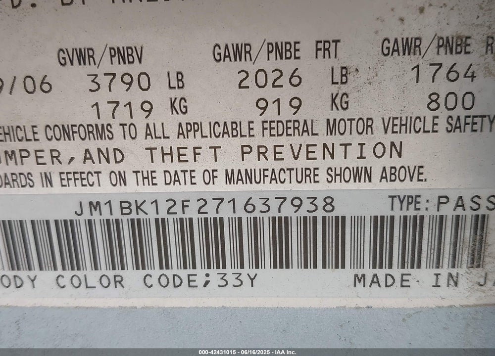 2007 MAZDA 3 VIN: JM1BK12F271637938