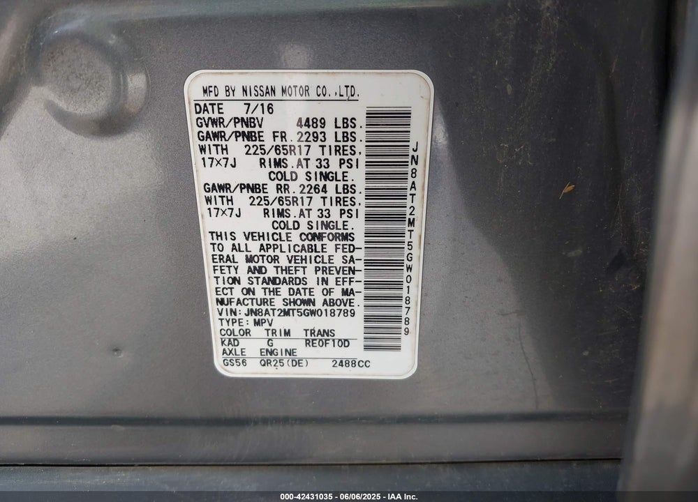 2016 NISSAN ROGUE VIN: JN8AT2MT5GW018789
