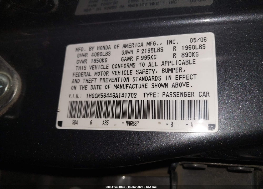 2006 HONDA ACCORD 2.4 LX VIN: 1HGCM56446A141702