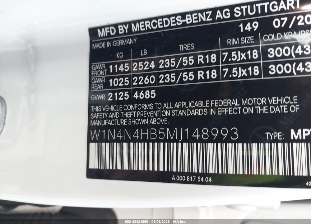 2021 MERCEDES-BENZ GLA 250 VIN: W1N4N4HB5MJ148993