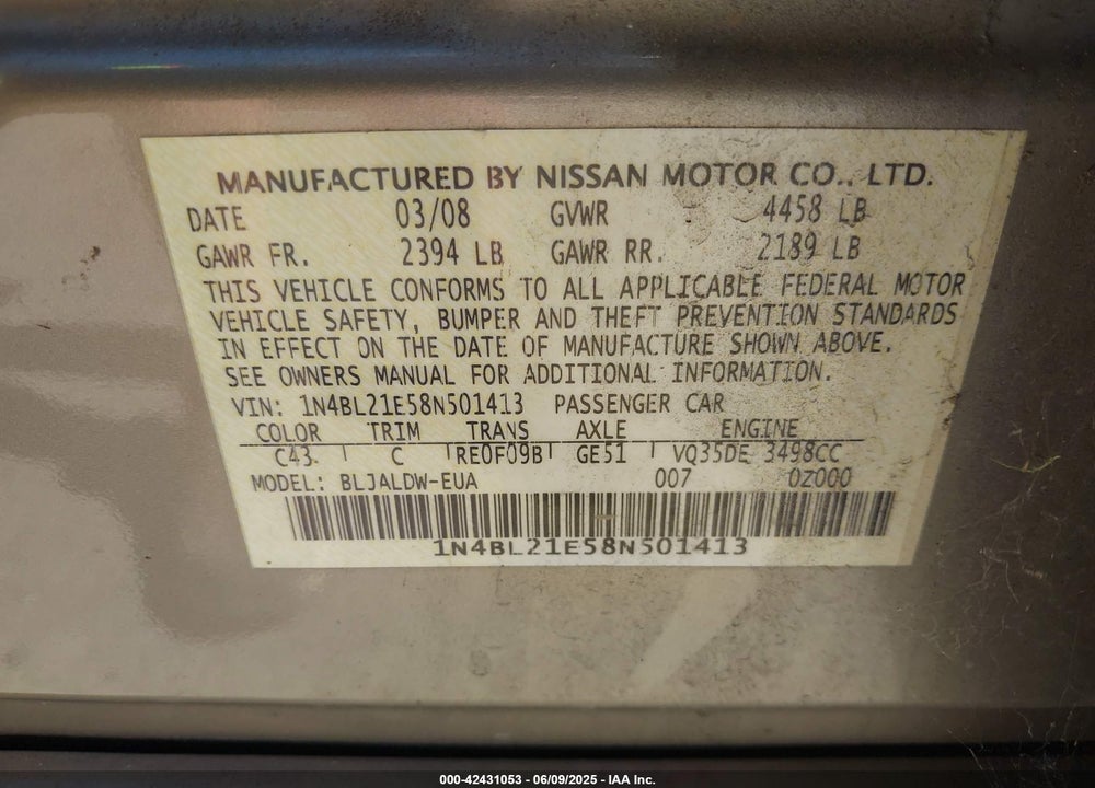 2008 NISSAN ALTIMA VIN: 1N4BL21E58N501413