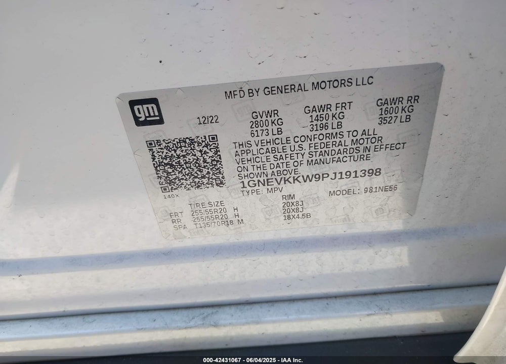 2023 CHEVROLET TRAVERSE VIN: 1GNEVKKW9PJ191398
