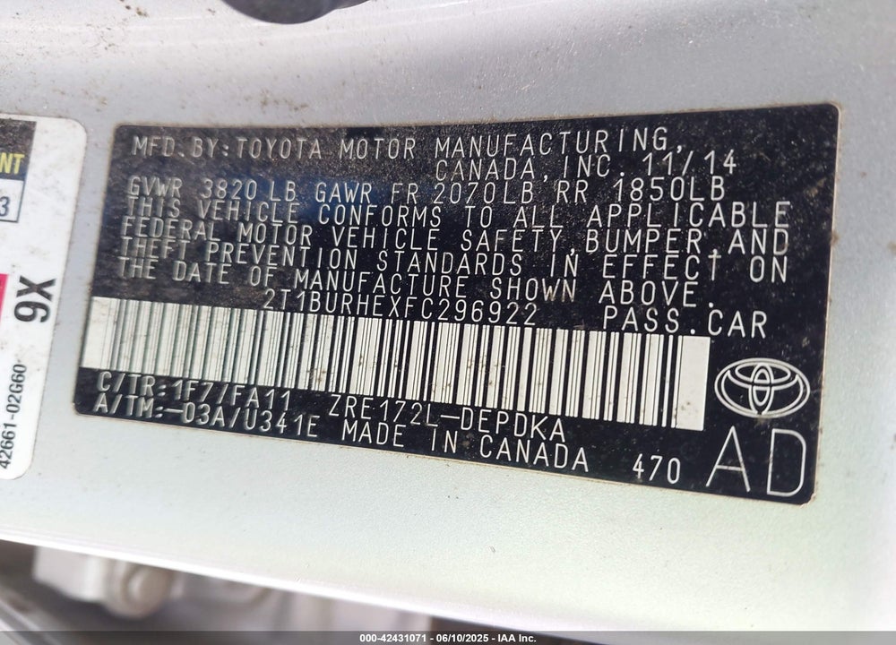 2015 TOYOTA COROLLA VIN: 2T1BURHEXFC296922