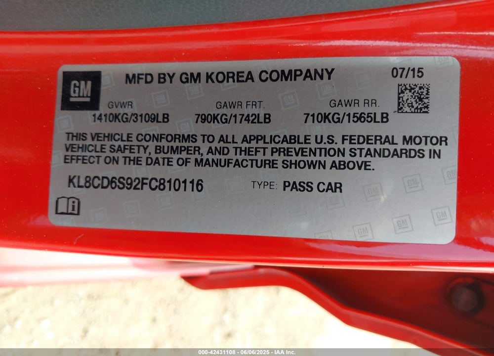 2015 CHEVROLET SPARK VIN: KL8CD6S92FC810116