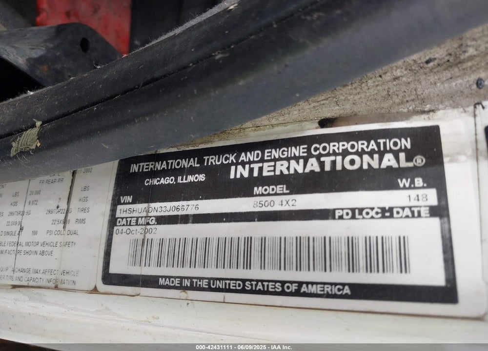 2003 INTERNATIONAL 8500 8500 VIN: 1HSHUADN33J066776