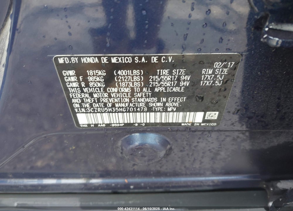 2017 HONDA HR-V VIN: 3CZRU5H35HG701478