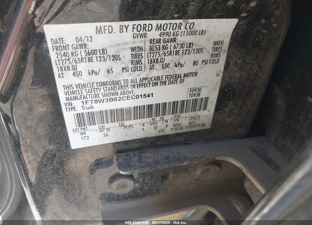 2012 FORD F-350 LARIAT VIN: 1FT8W3B62CEC01541