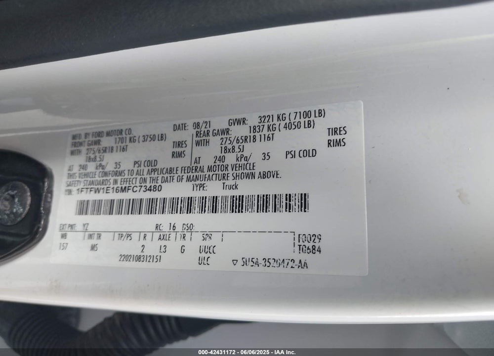 2021 FORD F-150 VIN: 1FTFW1E16MFC73480