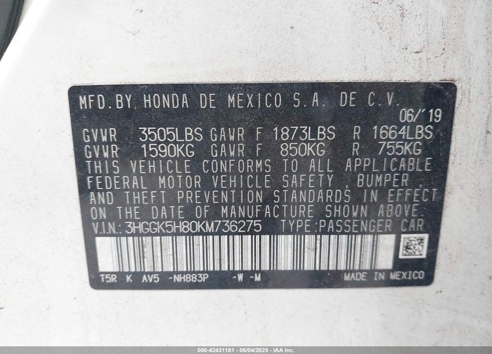 2019 HONDA FIT VIN: 3HGGK5H80KM736275