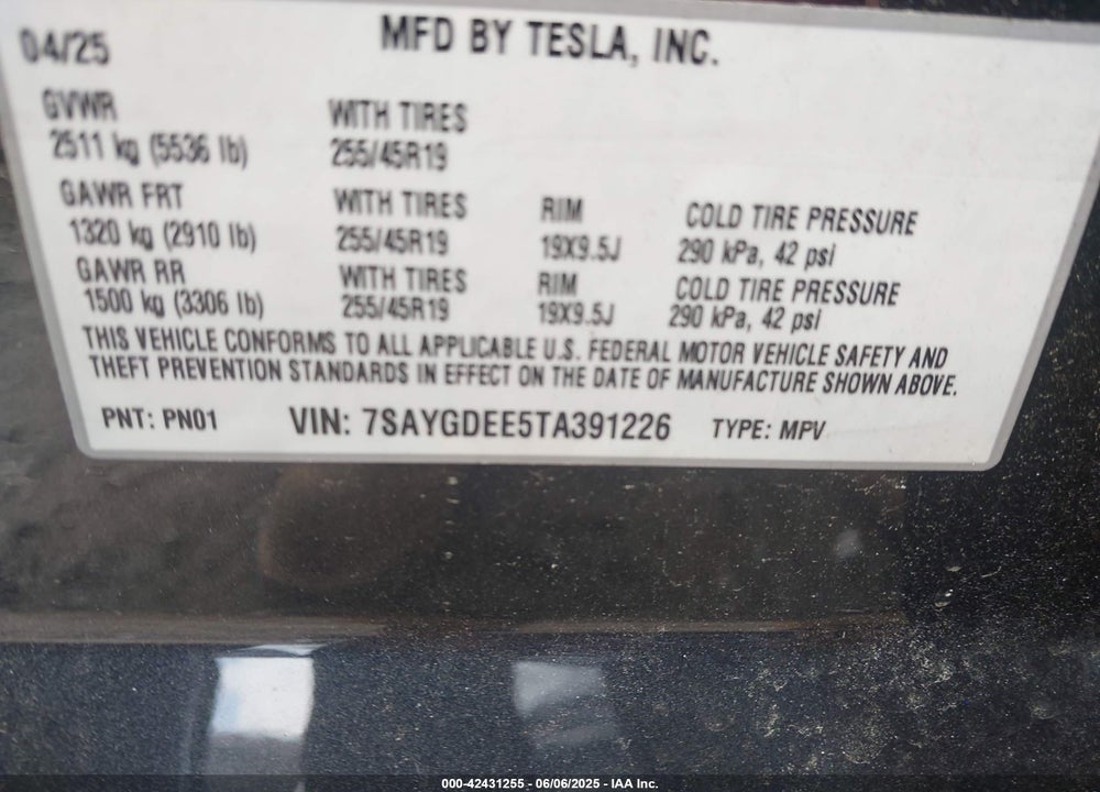 2026 TESLA MODEL Y VIN: 7SAYGDEE5TA391226