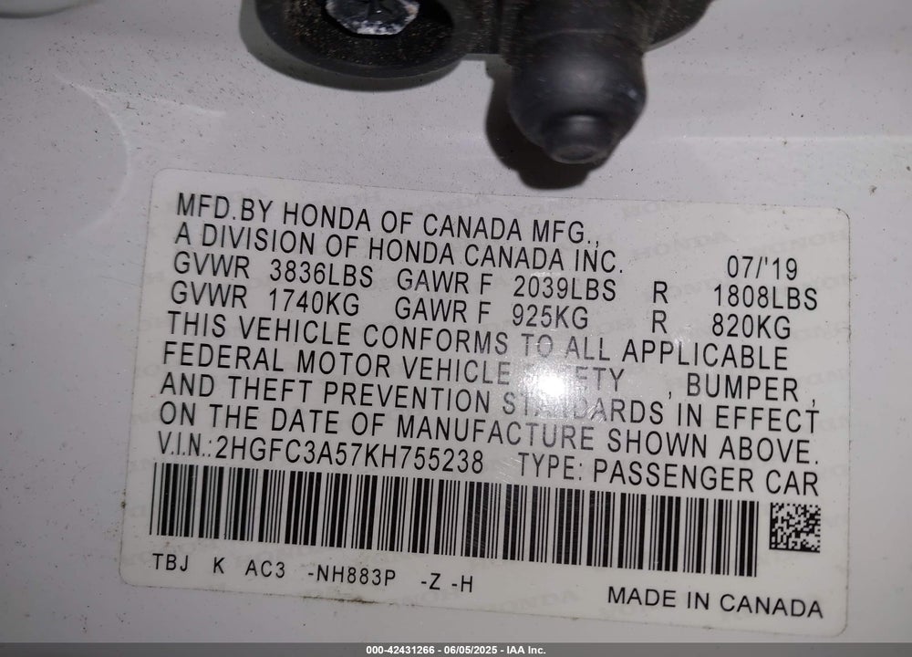 2019 HONDA CIVIC VIN: 2HGFC3A57KH755238