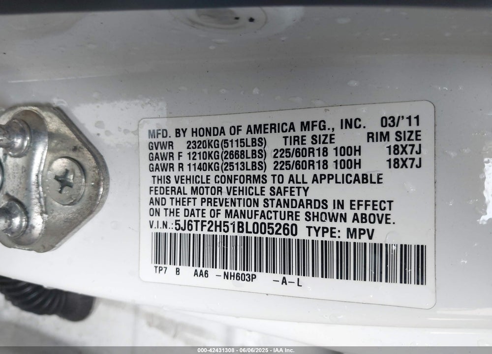 2011 HONDA ACCORD CROSSTOUR VIN: 5J6TF2H51BL005260