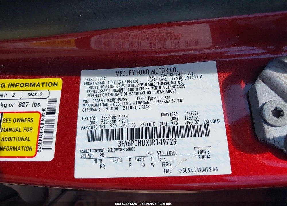2018 FORD FUSION VIN: 3FA6P0HDXJR149729