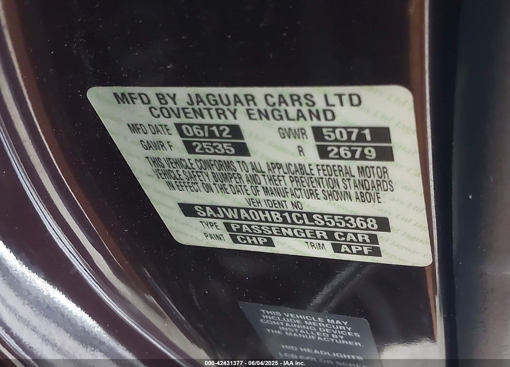 2012 JAGUAR XF PORTFOLIO VIN: SAJWA0HB1CLS55368