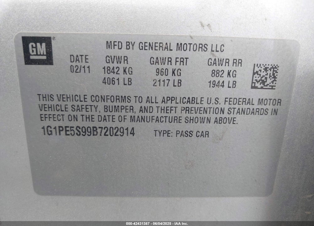 2011 CHEVROLET CRUZE LT VIN: 1G1PE5S99B7202914