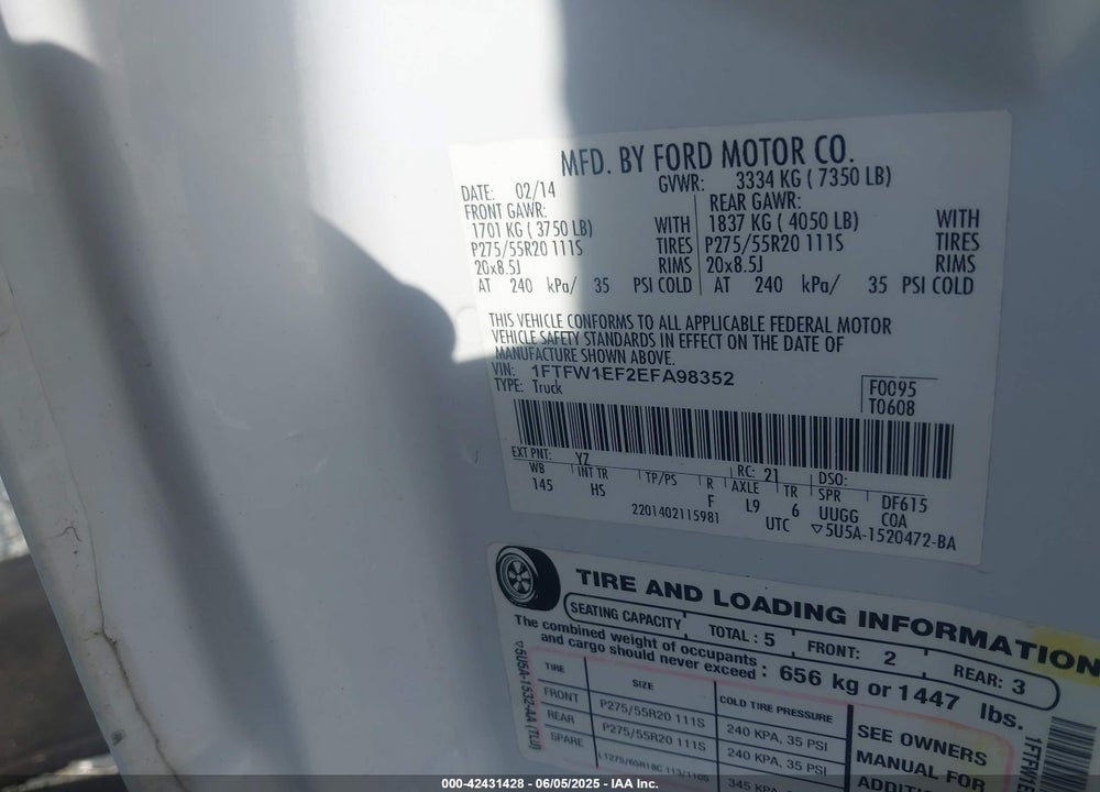 2014 FORD F-150 VIN: 1FTFW1EF2EFA98352