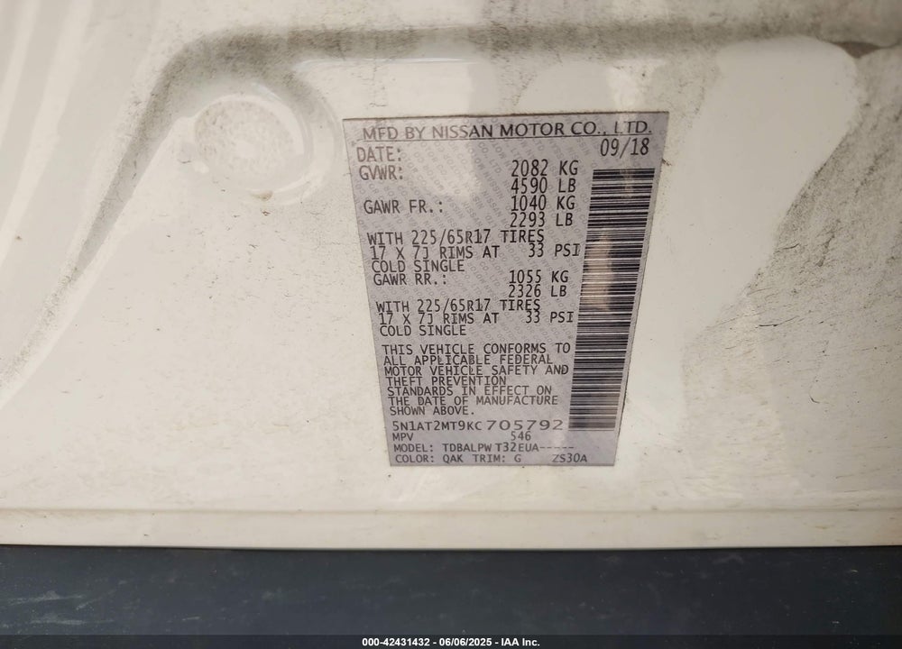 2019 NISSAN ROGUE S VIN: 5N1AT2MT9KC705792