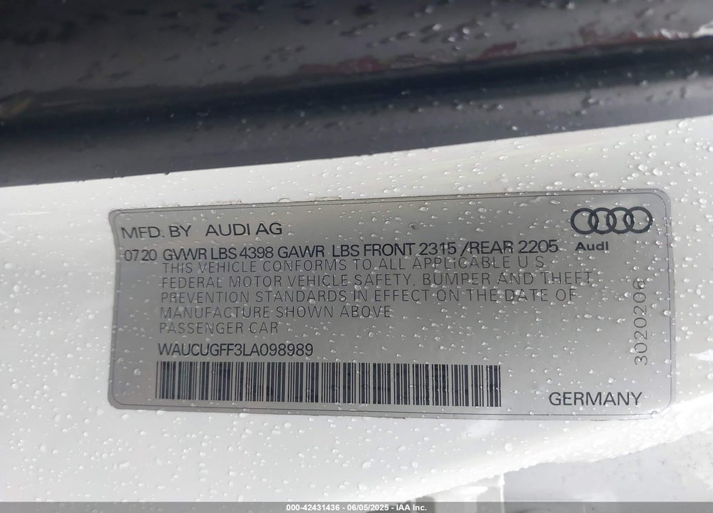 2020 AUDI A3 VIN: WAUCUGFF3LA098989