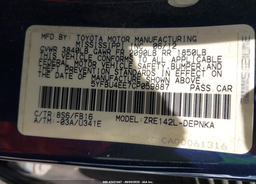 2012 TOYOTA COROLLA VIN: 5YFBU4EE7CP059887