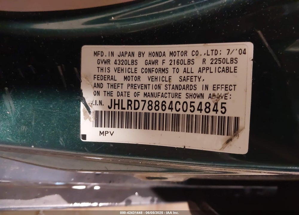 2004 HONDA CR-V EX VIN: JHLRD78864C054845
