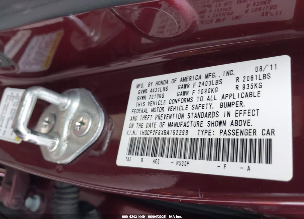 2011 HONDA ACCORD VIN: 1HGCP2F8XBA152299