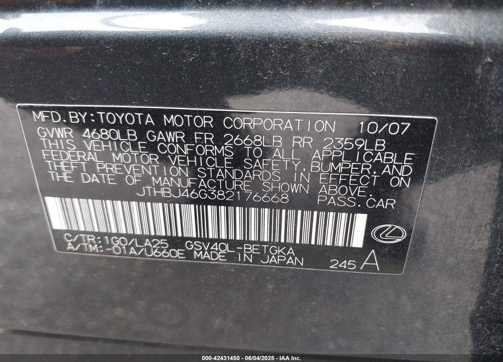 2008 LEXUS ES350 VIN: JTHBJ46G382176668