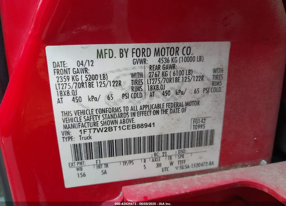 2012 FORD F-250 LARIAT VIN: 1FT7W2BT1CEB88941