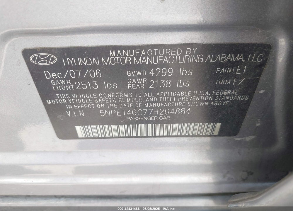 2007 HYUNDAI SONATA GLS VIN: 5NPET46C77H264884
