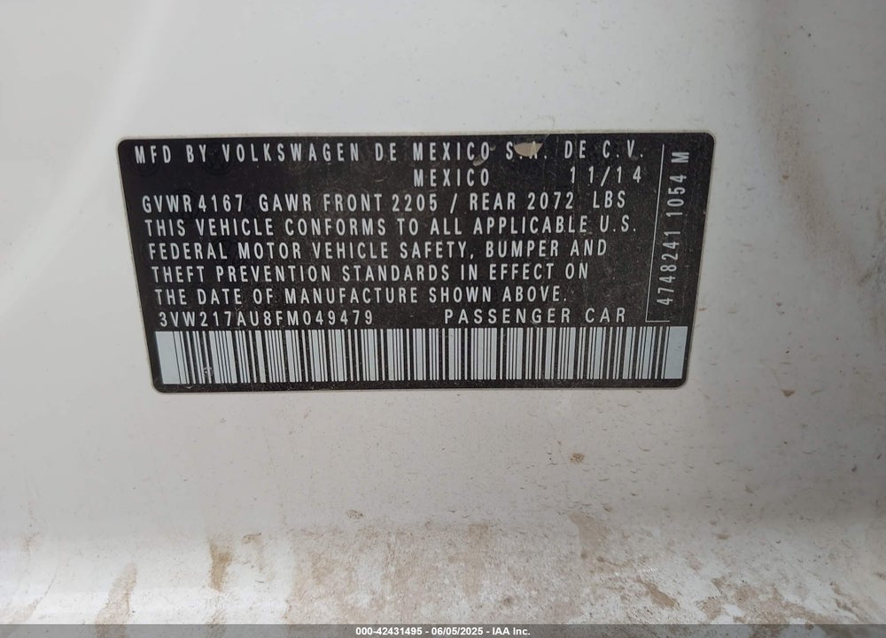 2015 VOLKSWAGEN GOLF VIN: 3VW217AU8FM049479