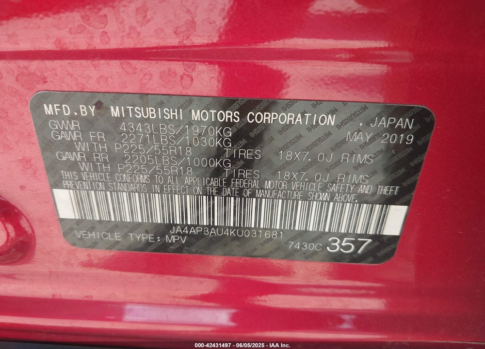 2019 MITSUBISHI OUTLANDER SPORT VIN: JA4AP3AU4KU031681