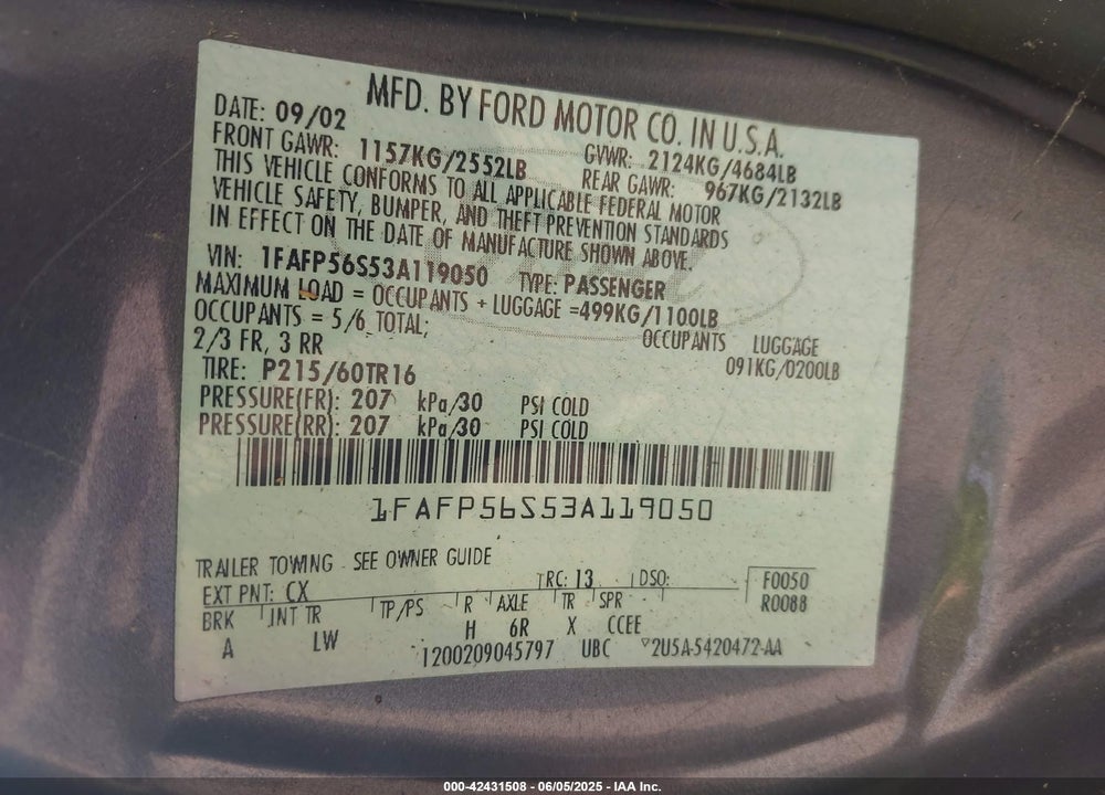 2003 FORD TAURUS SEL VIN: 1FAFP56S53A119050