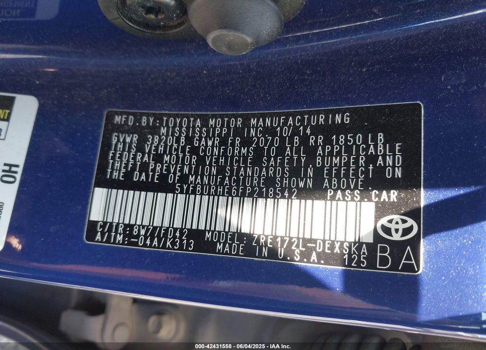 2015 TOYOTA COROLLA S PLUS VIN: 5YFBURHE6FP218542