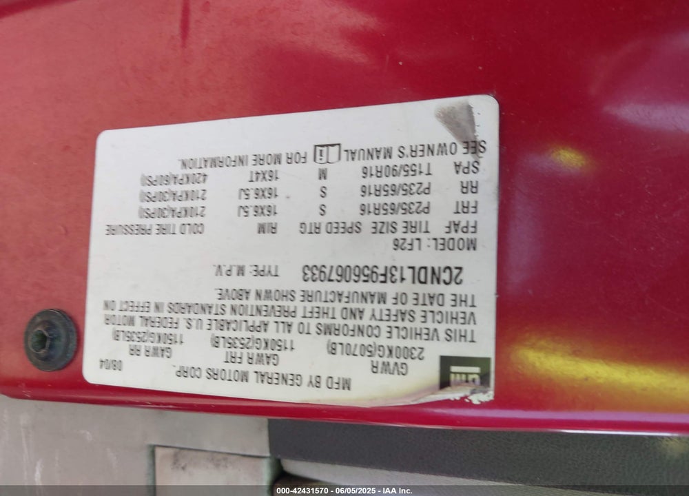 2005 CHEVROLET EQUINOX LS VIN: 2CNDL13F956067933
