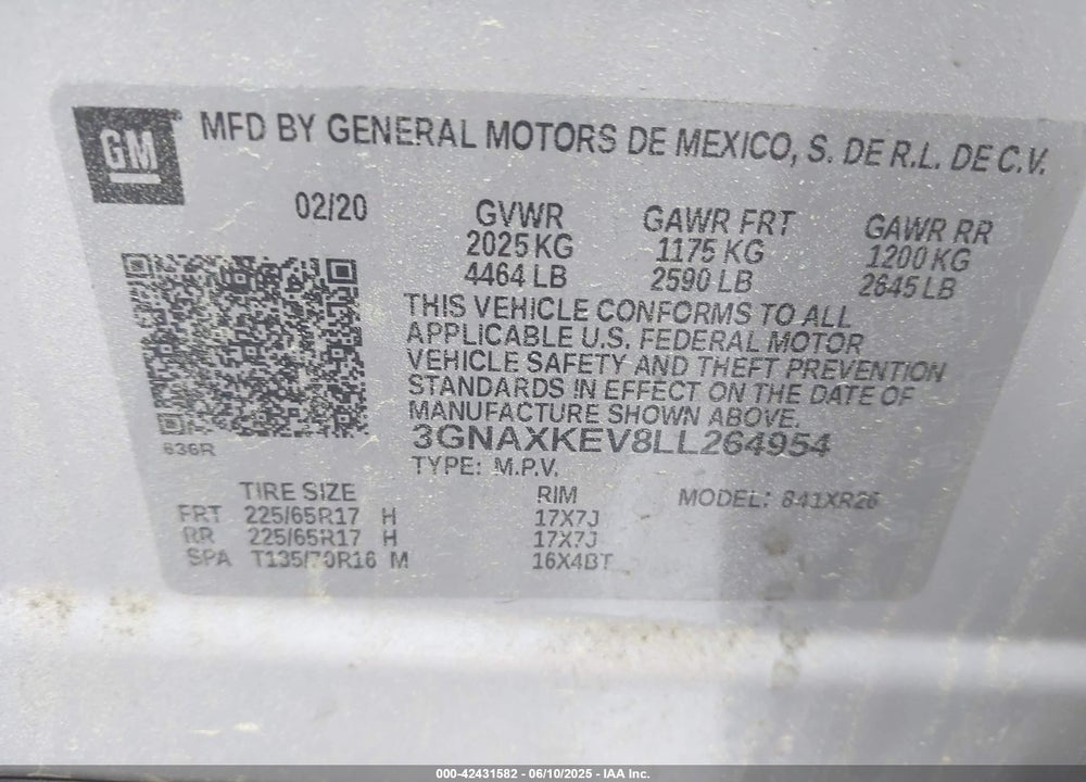 2020 CHEVROLET EQUINOX FWD LT 1.5L TURBO VIN: 3GNAXKEV8LL264954