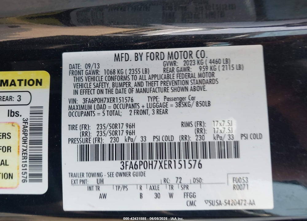 2014 FORD FUSION SE VIN: 3FA6P0H7XER151576