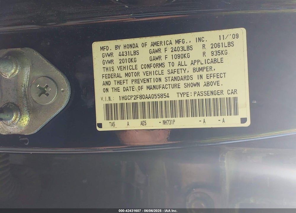 2010 HONDA ACCORD 2.4 EX-L VIN: 1HGCP2F80AA055854