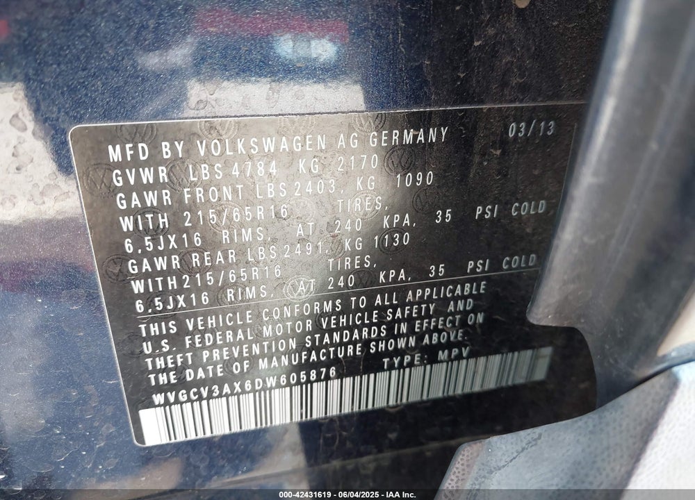 2013 VOLKSWAGEN TIGUAN VIN: WVGCV3AX6DW605876