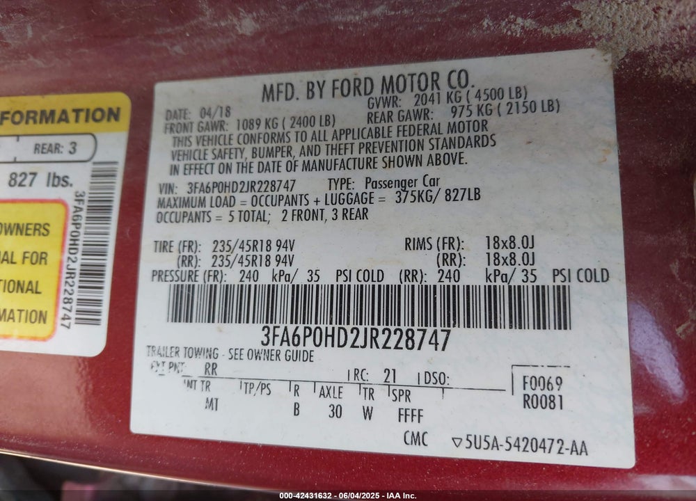 2018 FORD FUSION VIN: 3FA6P0HD2JR228747