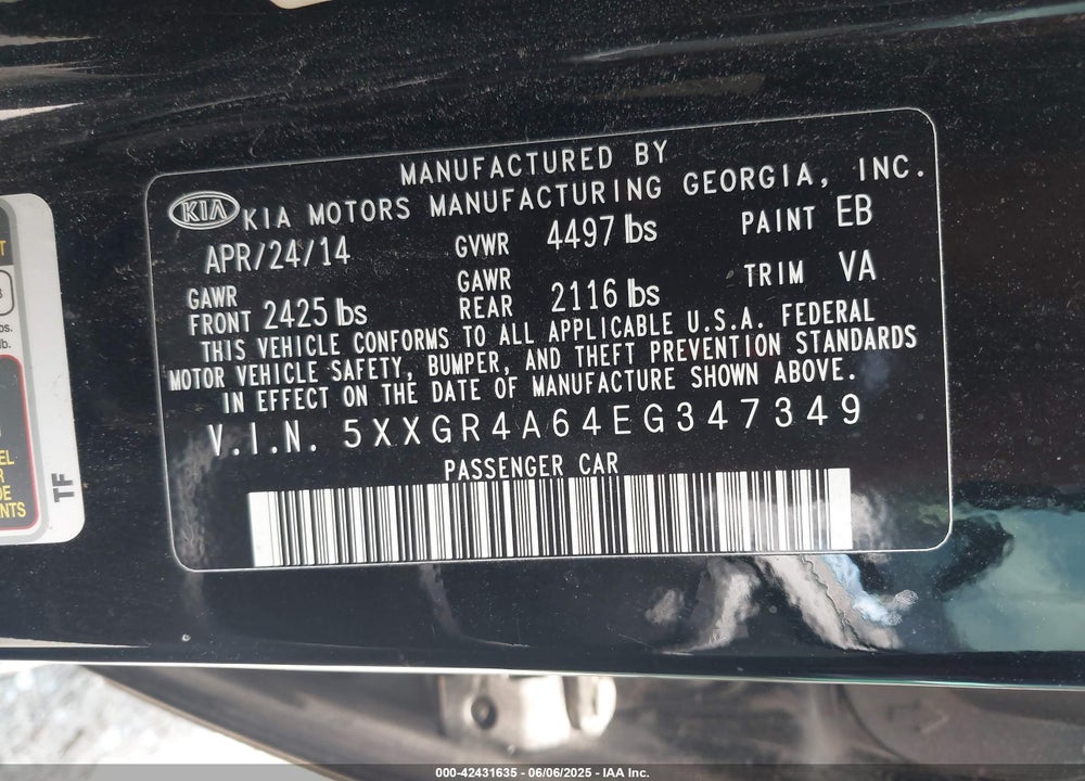 2014 KIA OPTIMA SXL TURBO VIN: 5XXGR4A64EG347349