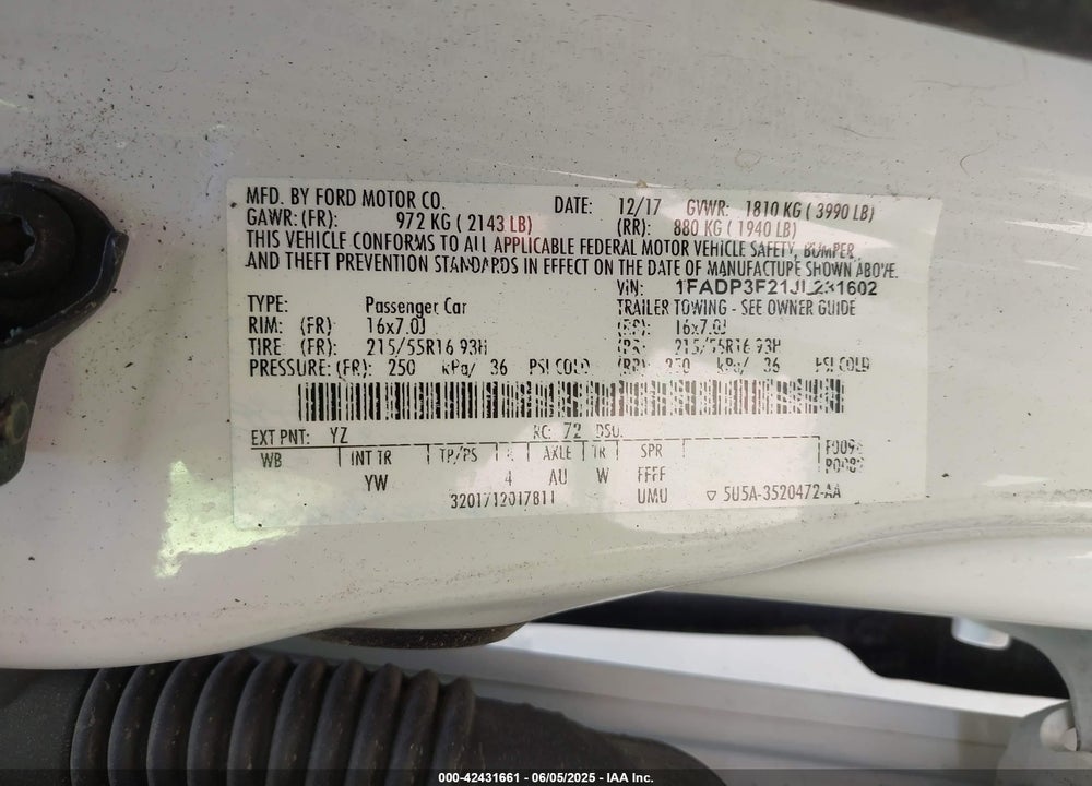 2018 FORD FOCUS VIN: 1FADP3F21JL231602