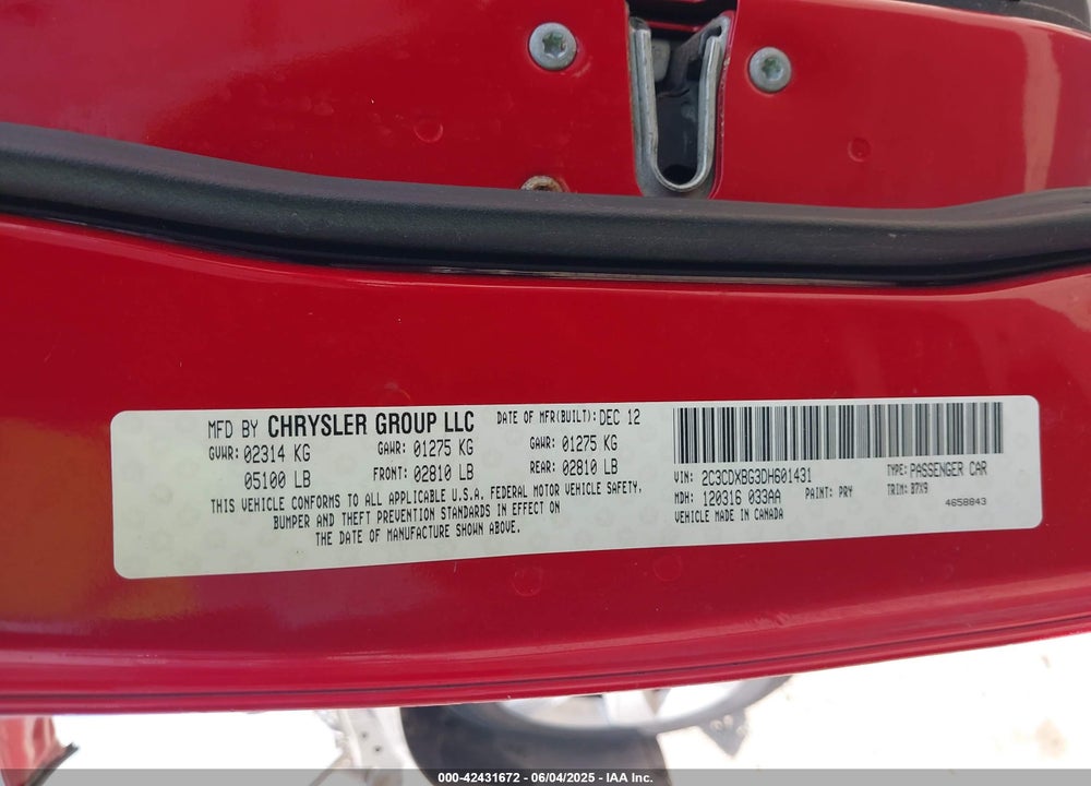 2013 DODGE CHARGER SE VIN: 2C3CDXBG3DH601431
