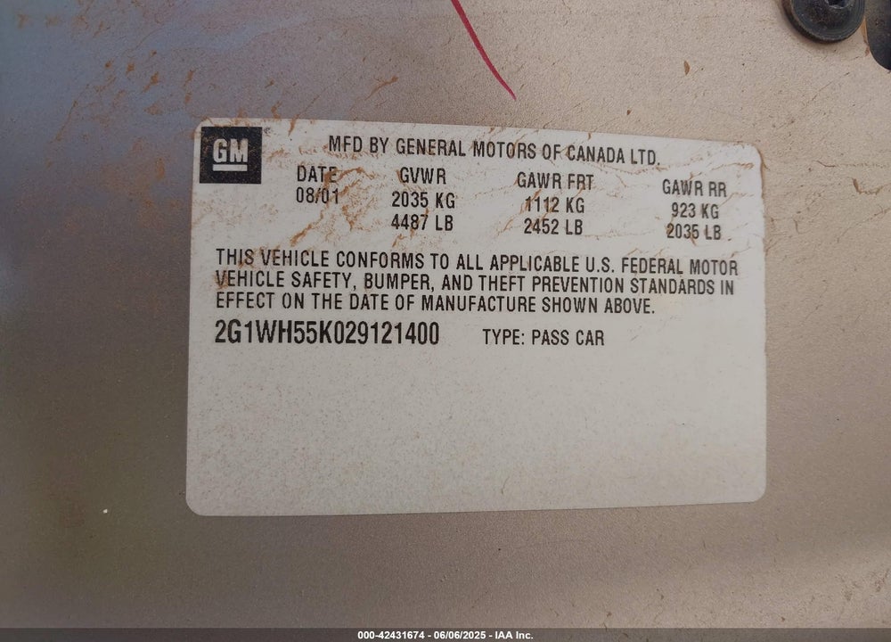2002 CHEVROLET IMPALA VIN: 2G1WH55K029121400