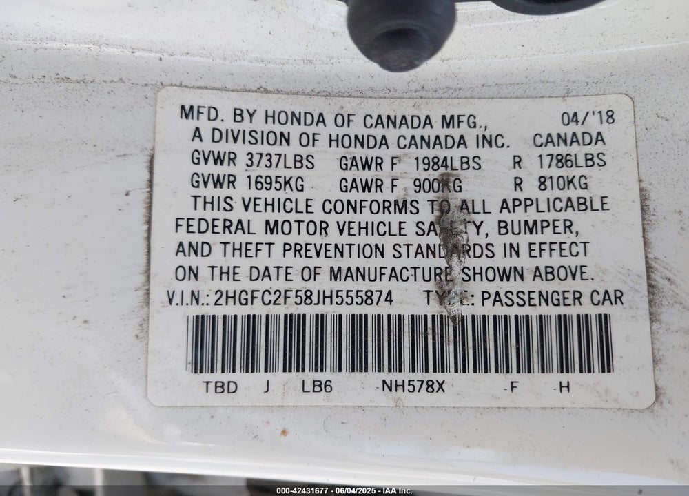 2018 HONDA CIVIC LX VIN: 2HGFC2F58JH555874