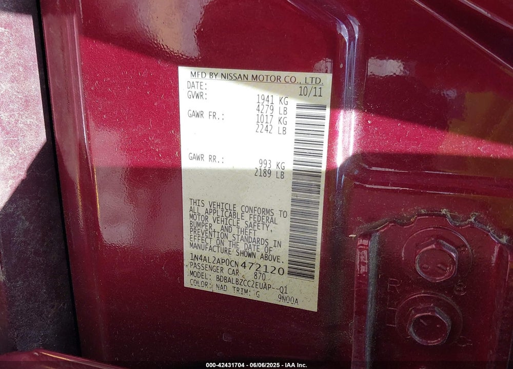 2012 NISSAN ALTIMA VIN: 1N4AL2AP0CN472120
