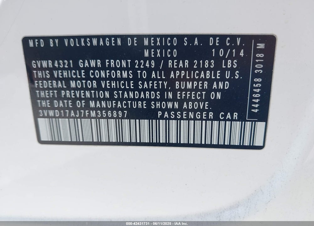 2015 VOLKSWAGEN JETTA 1.8T SE VIN: 3VWD17AJ7FM356897