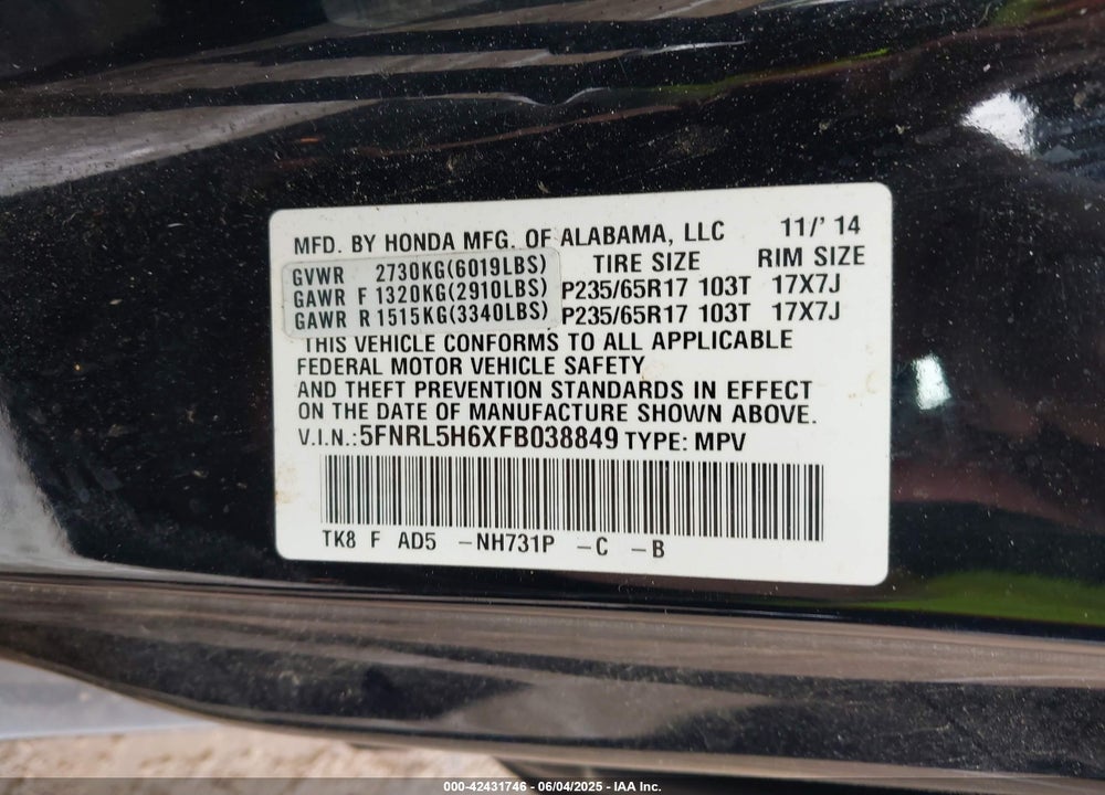 2015 HONDA ODYSSEY EX-L VIN: 5FNRL5H6XFB038849
