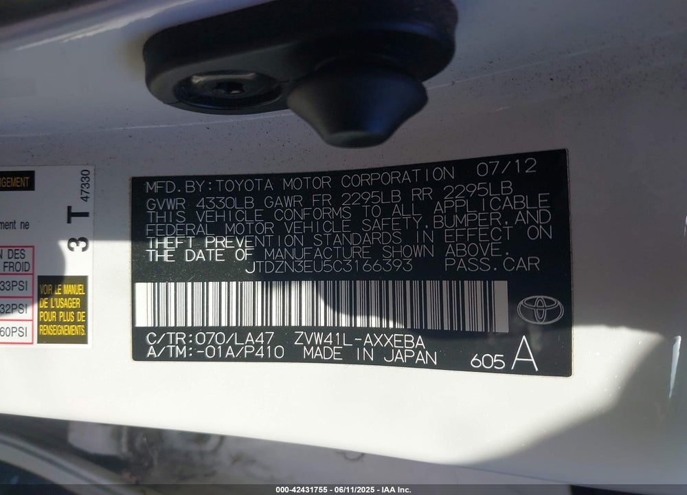 2012 TOYOTA PRIUS V FIVE VIN: JTDZN3EU5C3166393