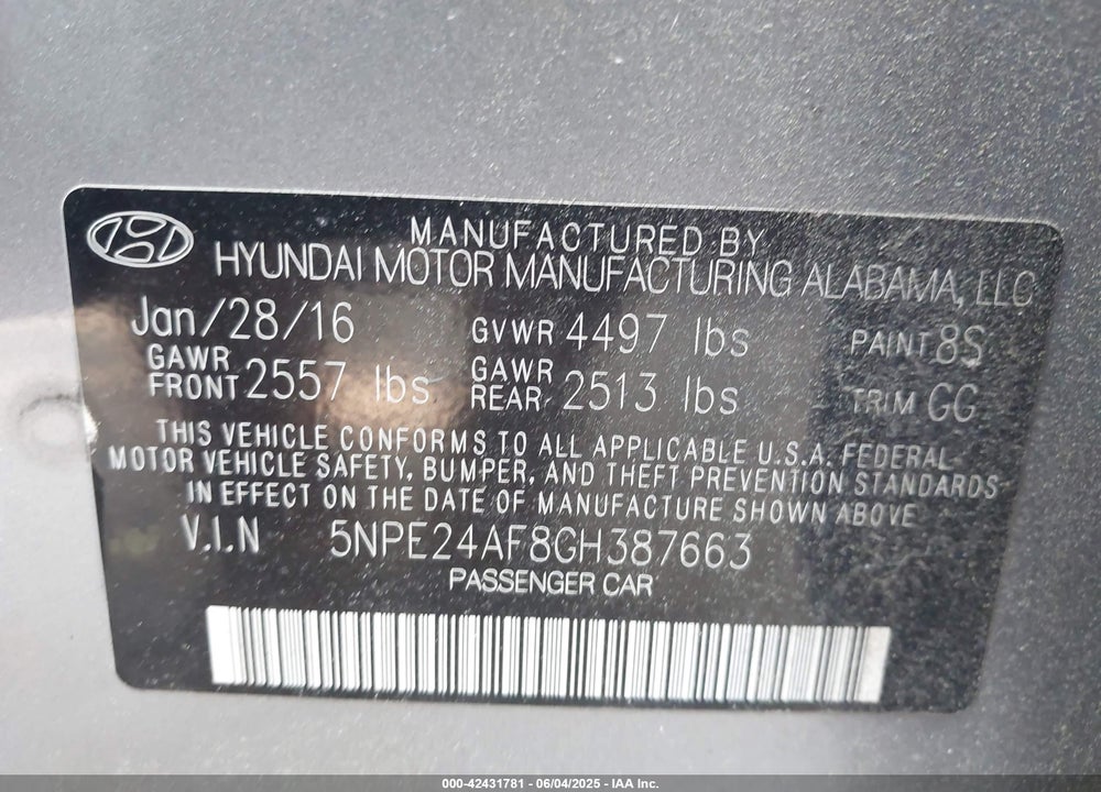 2016 HYUNDAI SONATA SE VIN: 5NPE24AF8GH387663