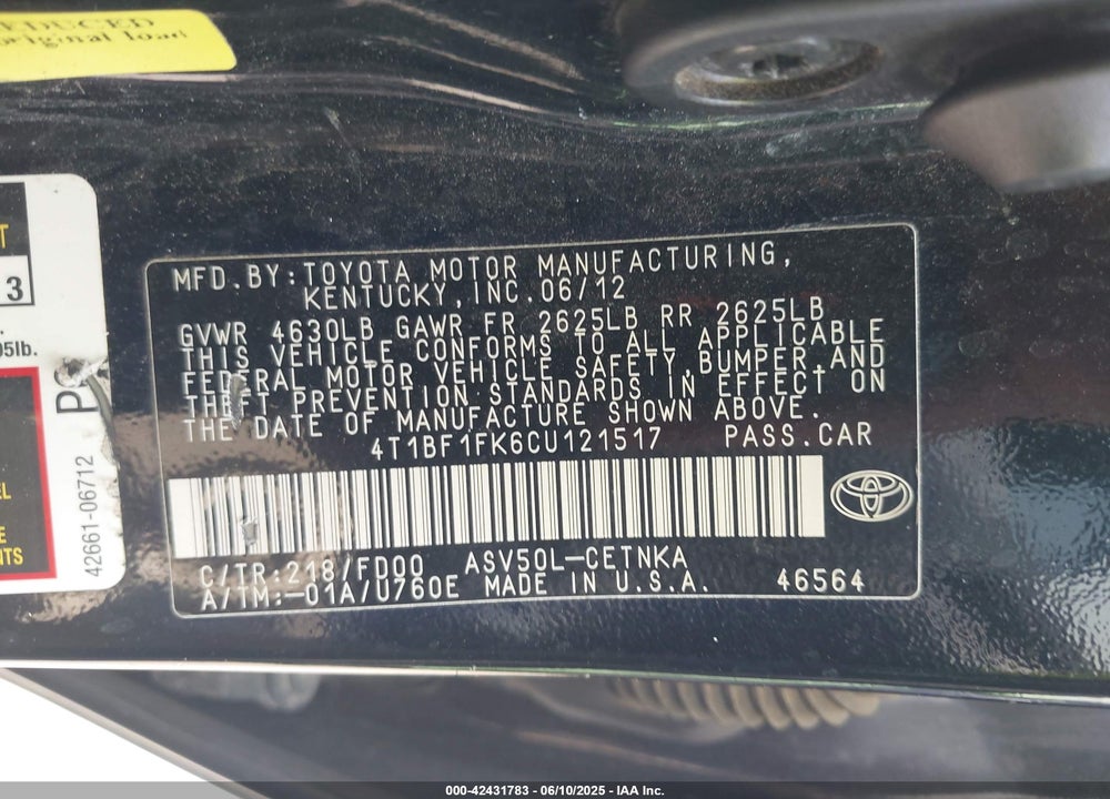 2012 TOYOTA CAMRY LE VIN: 4T1BF1FK6CU121517