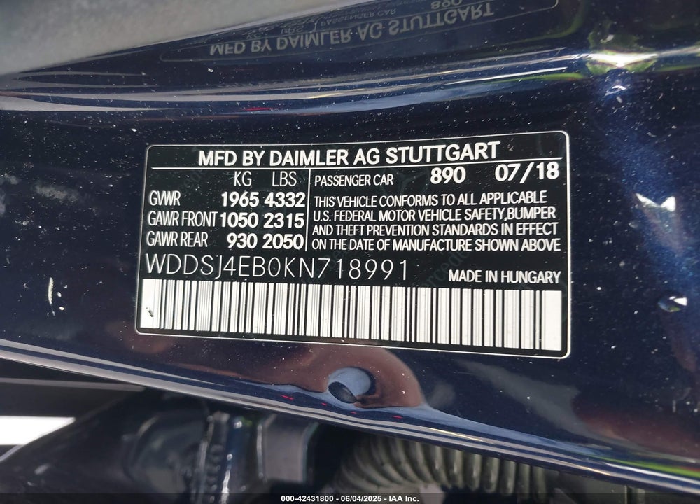 2019 MERCEDES-BENZ CLA-CLASS VIN: WDDSJ4EB0KN718991